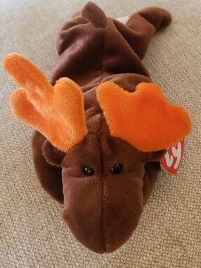 Ty Beanie Baby Chocolate Brown Moose Plush with Orange Antlers 1993 Both Tags